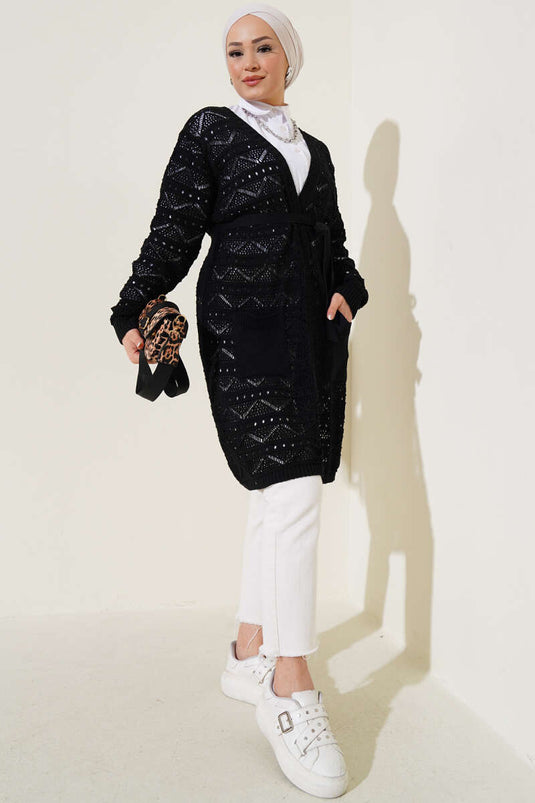 Cardigan en tricot noir à ceinture perforée à motif zigzag