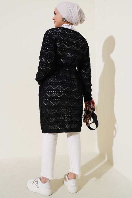 Cardigan en tricot noir à ceinture perforée à motif zigzag