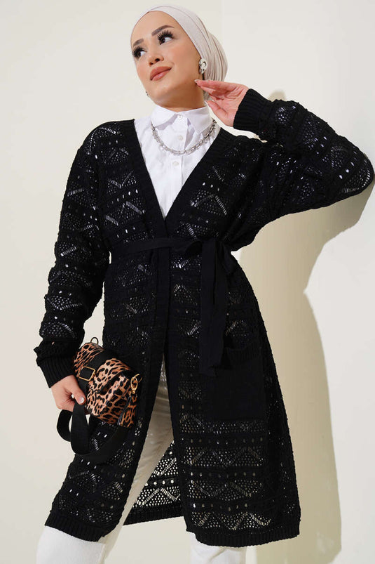 Cardigan en tricot noir à ceinture perforée à motif zigzag