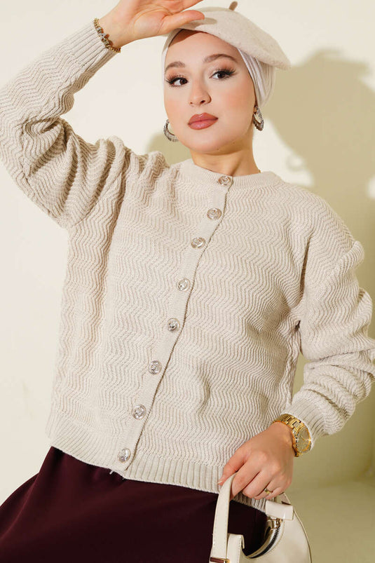 Cardigan en maille boutonnée dorée à motifs zigzag beige
