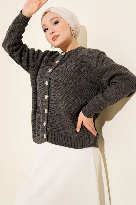 Cardigan in maglia con bottoni dorati a motivo zigzag color fumo