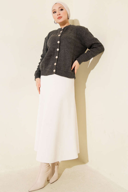 Zigzag Patterned Gold Buttoned Knitwear Cardigan Smoke