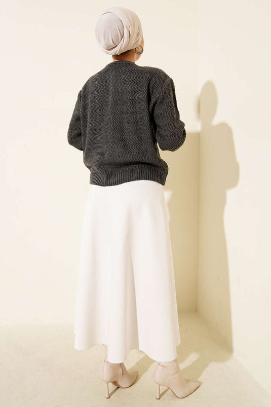 Zigzag Patterned Gold Buttoned Knitwear Cardigan Smoke