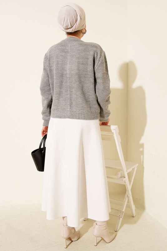 Zigzag Patterned Gold Buttoned Knitted Cardigan Gray