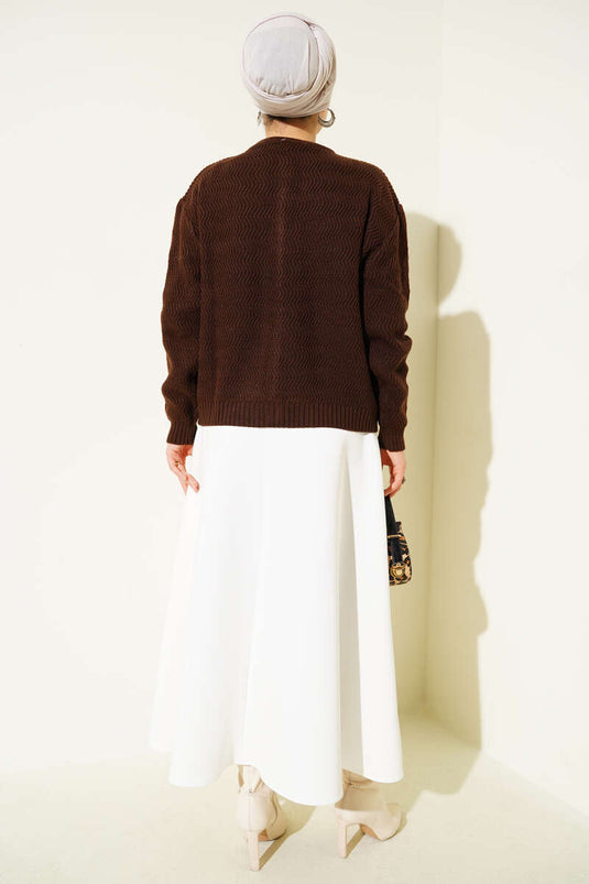 Zigzag Patterned Gold Buttoned Knitwear Cardigan Brown