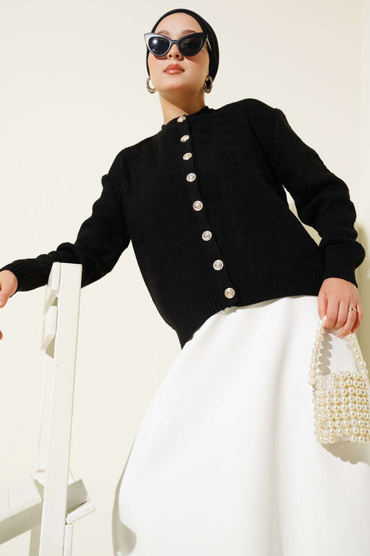 Zigzag Patterned Gold Buttoned Knit Cardigan Black