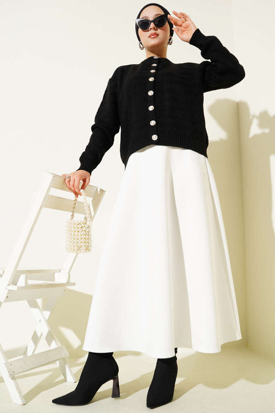 Zigzag Patterned Gold Buttoned Knit Cardigan Black