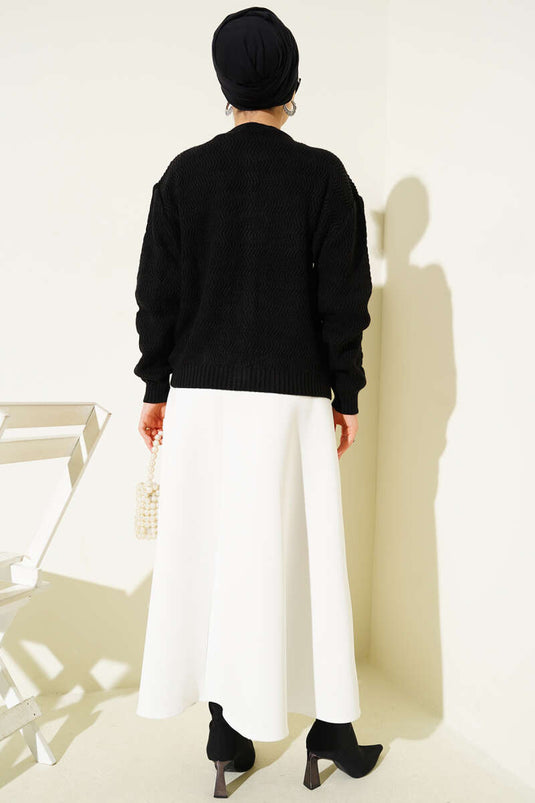 Zigzag Patterned Gold Buttoned Knit Cardigan Black