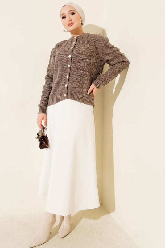 Zigzag Patterned Gold Buttoned Knitted Cardigan Mink