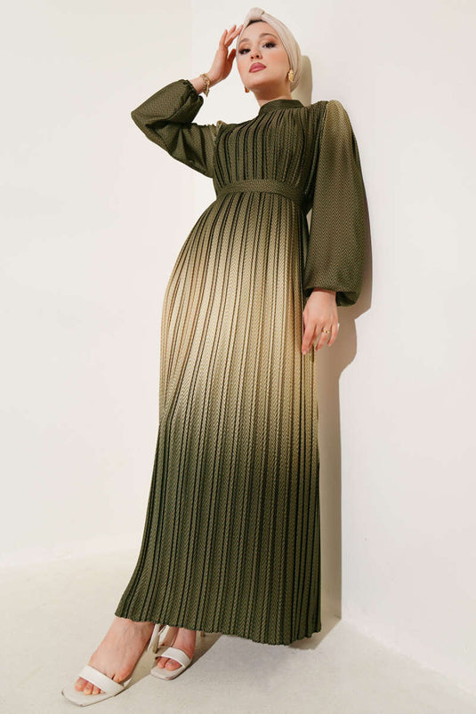 Zigzag Patterned Pleated Evening Dress Khaki