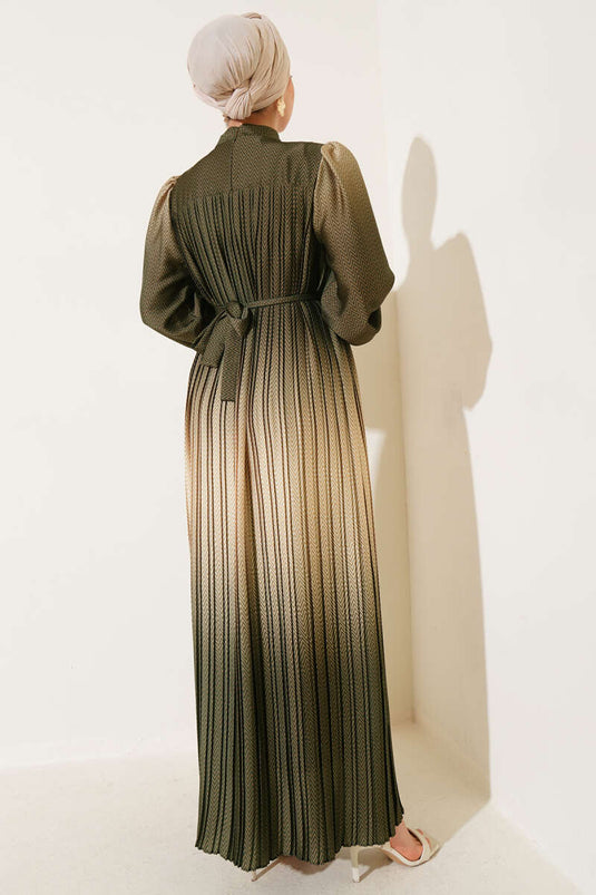 Zigzag Patterned Pleated Evening Dress Khaki