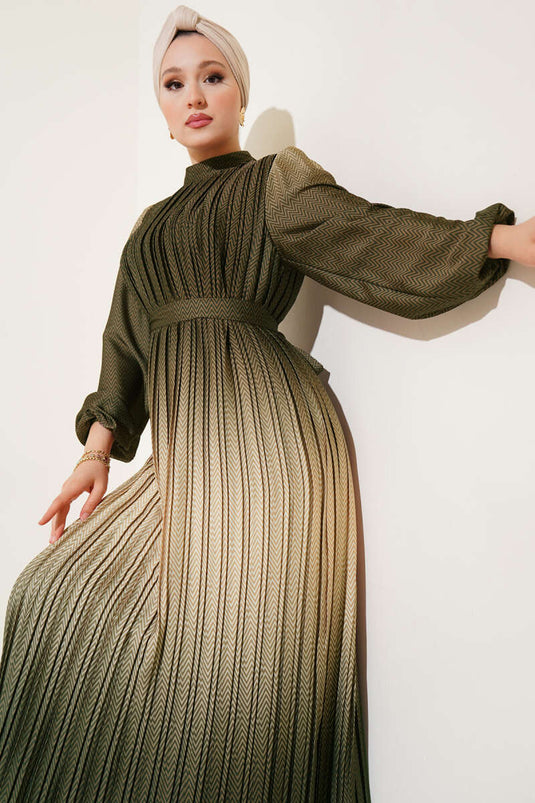 Zigzag Patterned Pleated Evening Dress Khaki
