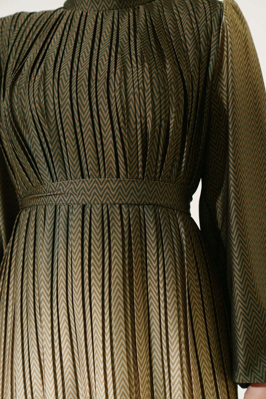 Zigzag Patterned Pleated Evening Dress Khaki