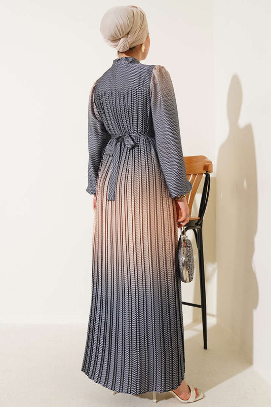 Zigzag Patterned Pleated Evening Dress Black