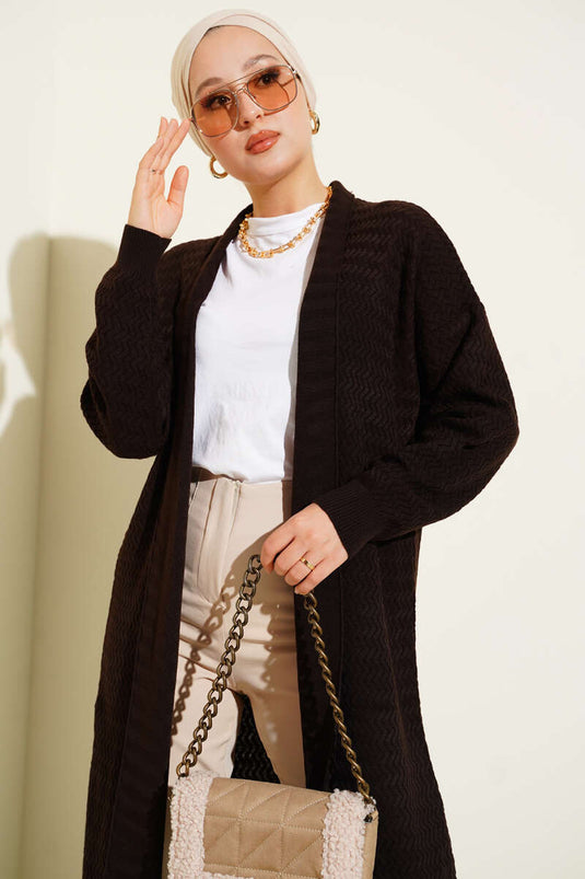 Zigzag Patterned Long Knit Cardigan Brown