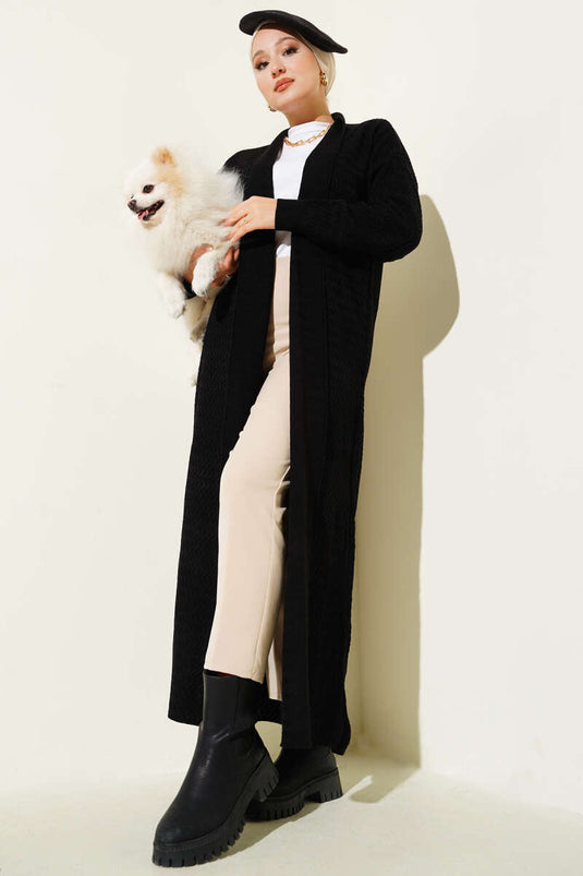 Zigzag Patterned Long Knit Cardigan Black