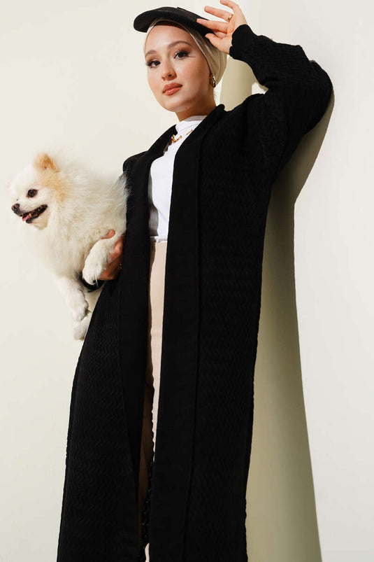 Zigzag Patterned Long Knit Cardigan Black