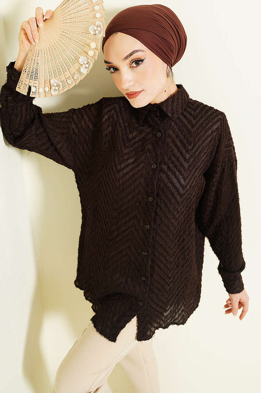 Camicia ampia Zikzak con frange color caffè amaro