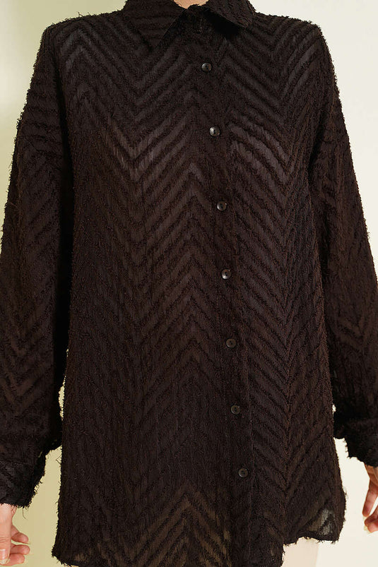 Camicia ampia Zikzak con frange color caffè amaro