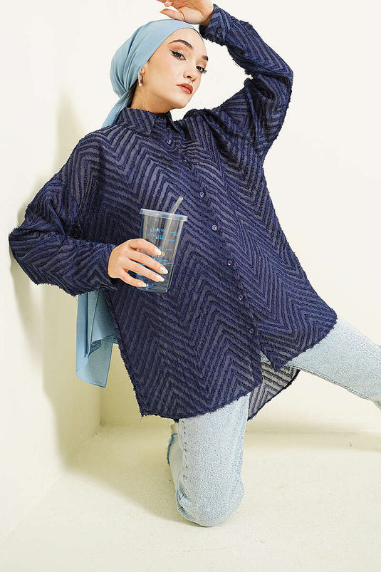 Zigzag Tassel Loose Shirt Navy Blue