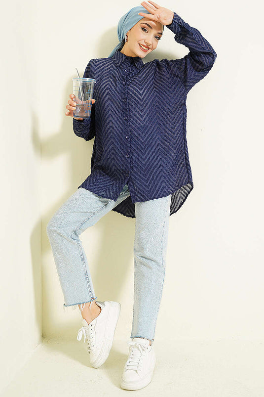 Zigzag Tassel Loose Shirt Navy Blue