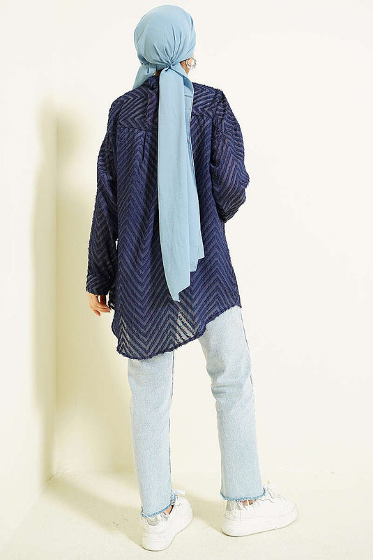 Zigzag Tassel Loose Shirt Navy Blue