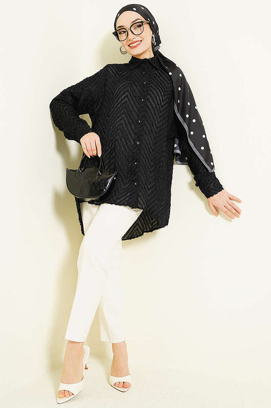 Camicia larga Zikzak con frange nera