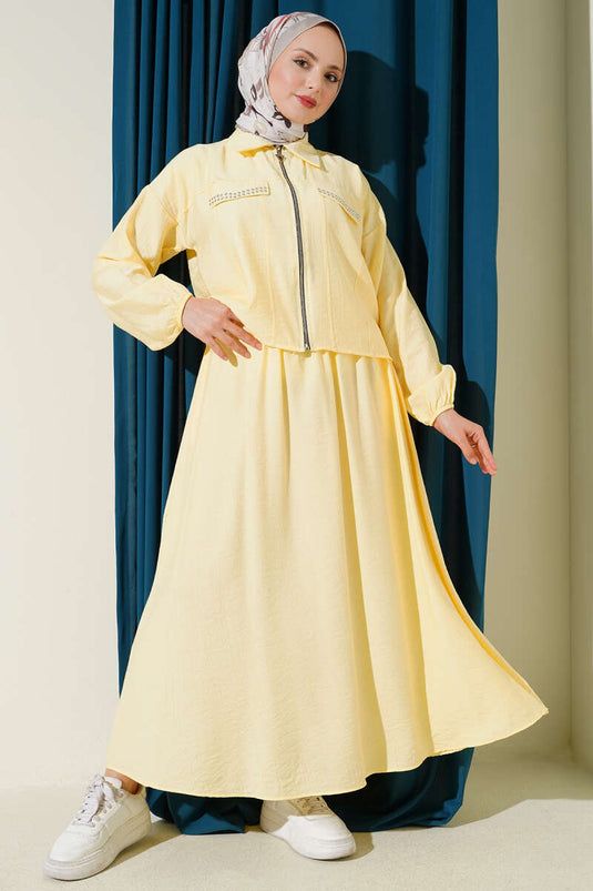 Two-Piece Set with Studded Pocket Flap and Skirt Yellow