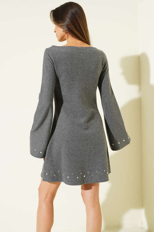 Zımba Detaylı Kaşe Mini Elbise Füme