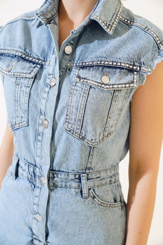 Salopette en denim brodée de clous Snow Wash