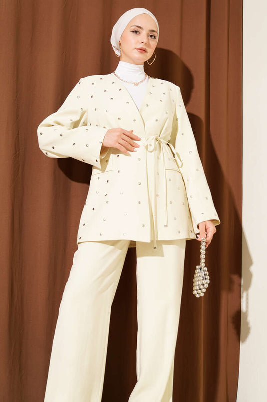 Ensemble deux pièces en Tencel avec veste cloutée, beige