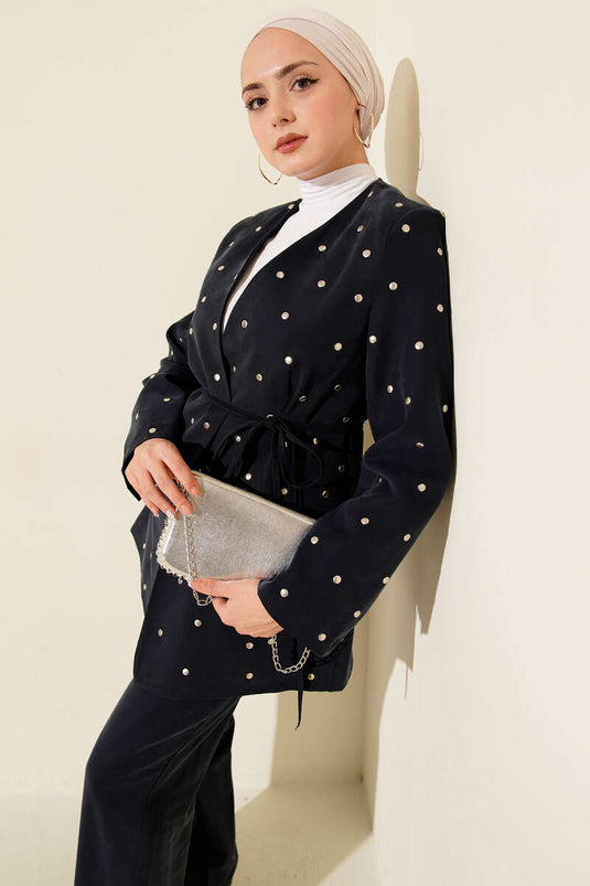 بدلة Tencel من قطعتين مع سترة مرصعة بالمسامير، أزرق داكن