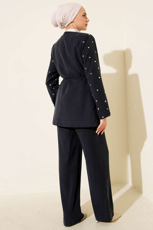 بدلة Tencel من قطعتين مع سترة مرصعة بالمسامير، أزرق داكن