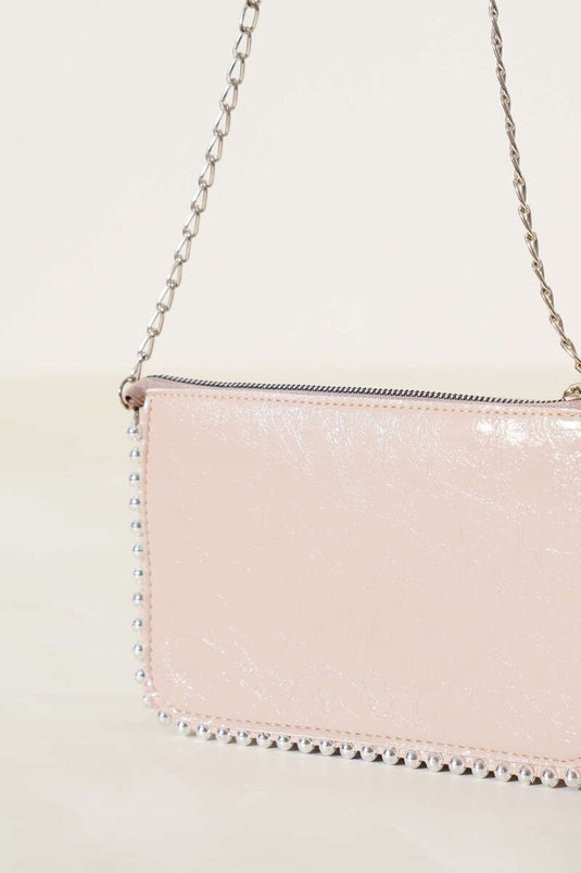 Studded Chain Strap Bag Powder Patent Leather