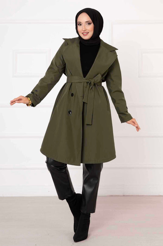 Chain Accessory Detail Lined Trench Coat Khaki