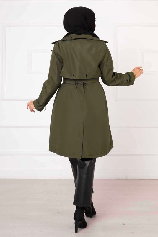 Chain Accessory Detail Lined Trench Coat Khaki