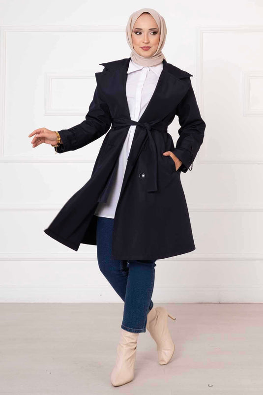 Navy Trench Coat With Chain Detail Lined Accessory