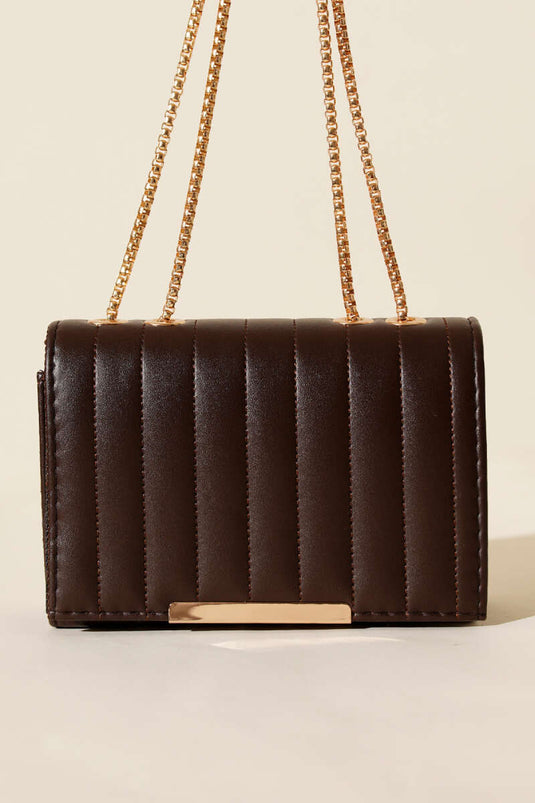حقيبة مستطيلة بحزام سلسلة، لون بني داكن