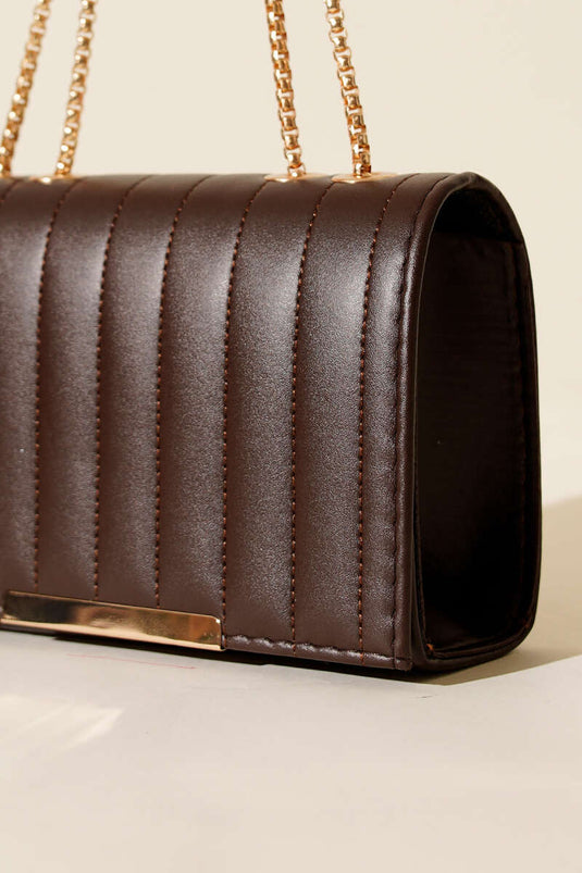 حقيبة مستطيلة بحزام سلسلة، لون بني داكن