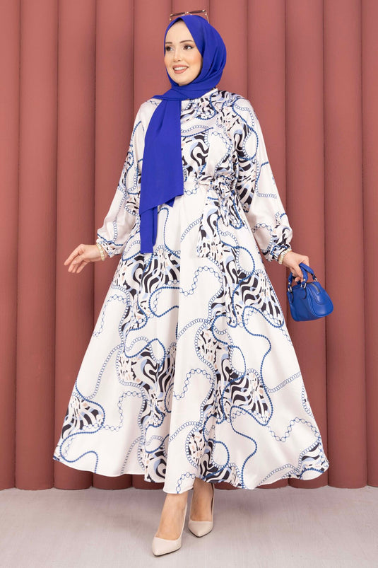 Chain Pattern Belted Modest Dress Beige-Indigo
