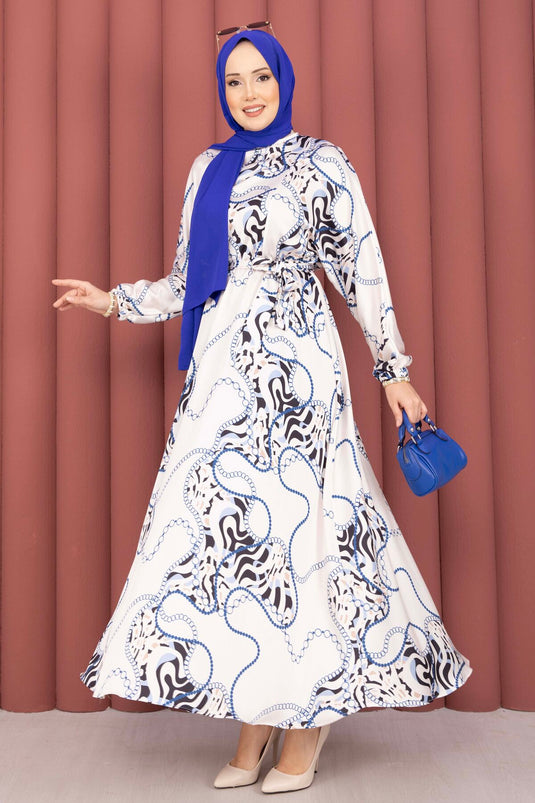 Chain Pattern Belted Modest Dress Beige-Indigo
