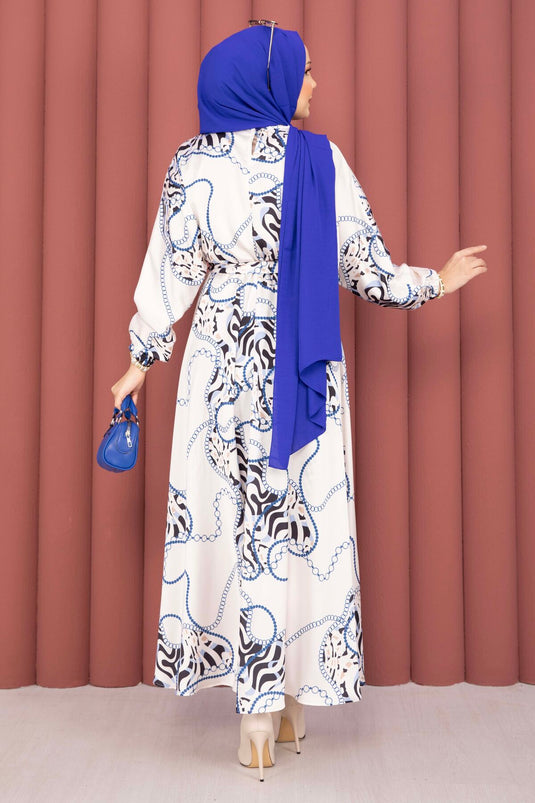 Chain Pattern Belted Modest Dress Beige-Indigo
