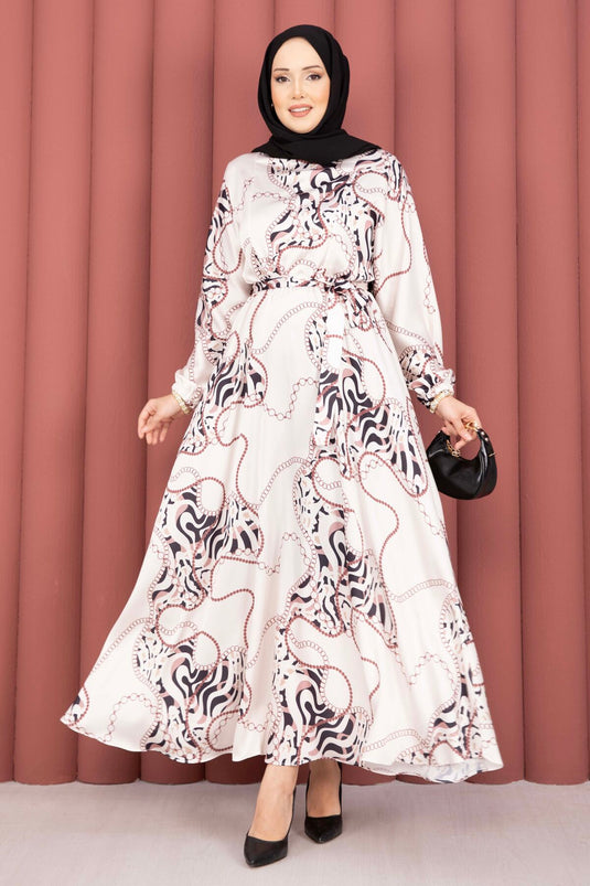 Kleid mit Kettendruck und Gürtel in Beige-Braun für bedeckte Mode