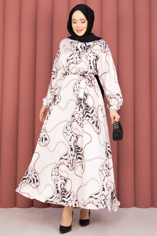 Jurk met kettingpatroon en ceintuur, bescheiden mode, beige-bruin