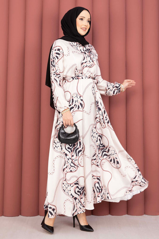 Kleid mit Kettendruck und Gürtel in Beige-Braun für bedeckte Mode