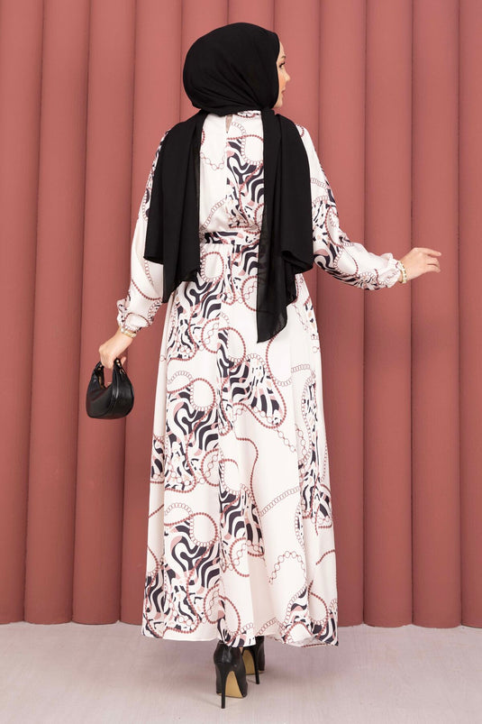 Kleid mit Kettendruck und Gürtel in Beige-Braun für bedeckte Mode