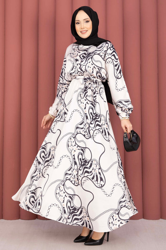 Robe voilée à ceinture à motif chaîne beige-noir