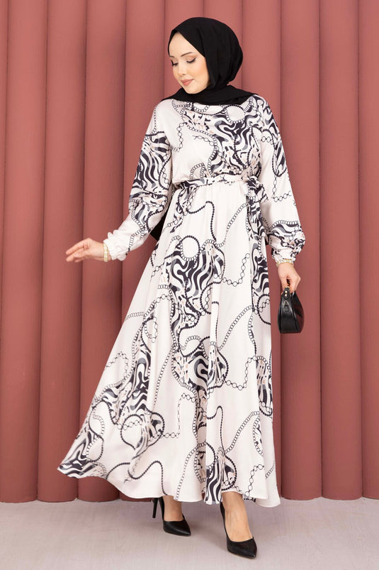 Robe voilée à ceinture à motif chaîne beige-noir