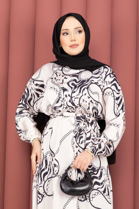 Robe voilée à ceinture à motif chaîne beige-noir