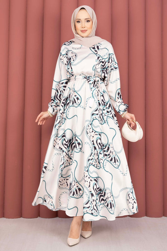 Chain Pattern Belted Modest Dress Beige - Emerald